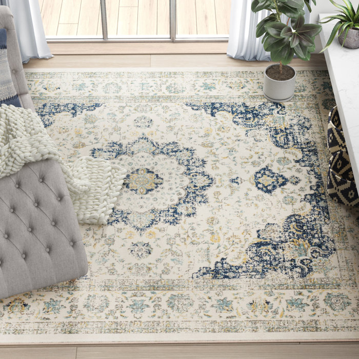 Bungalow Rose Ameesha Power Loom Performance Ivory/Blue/Yellow Rug